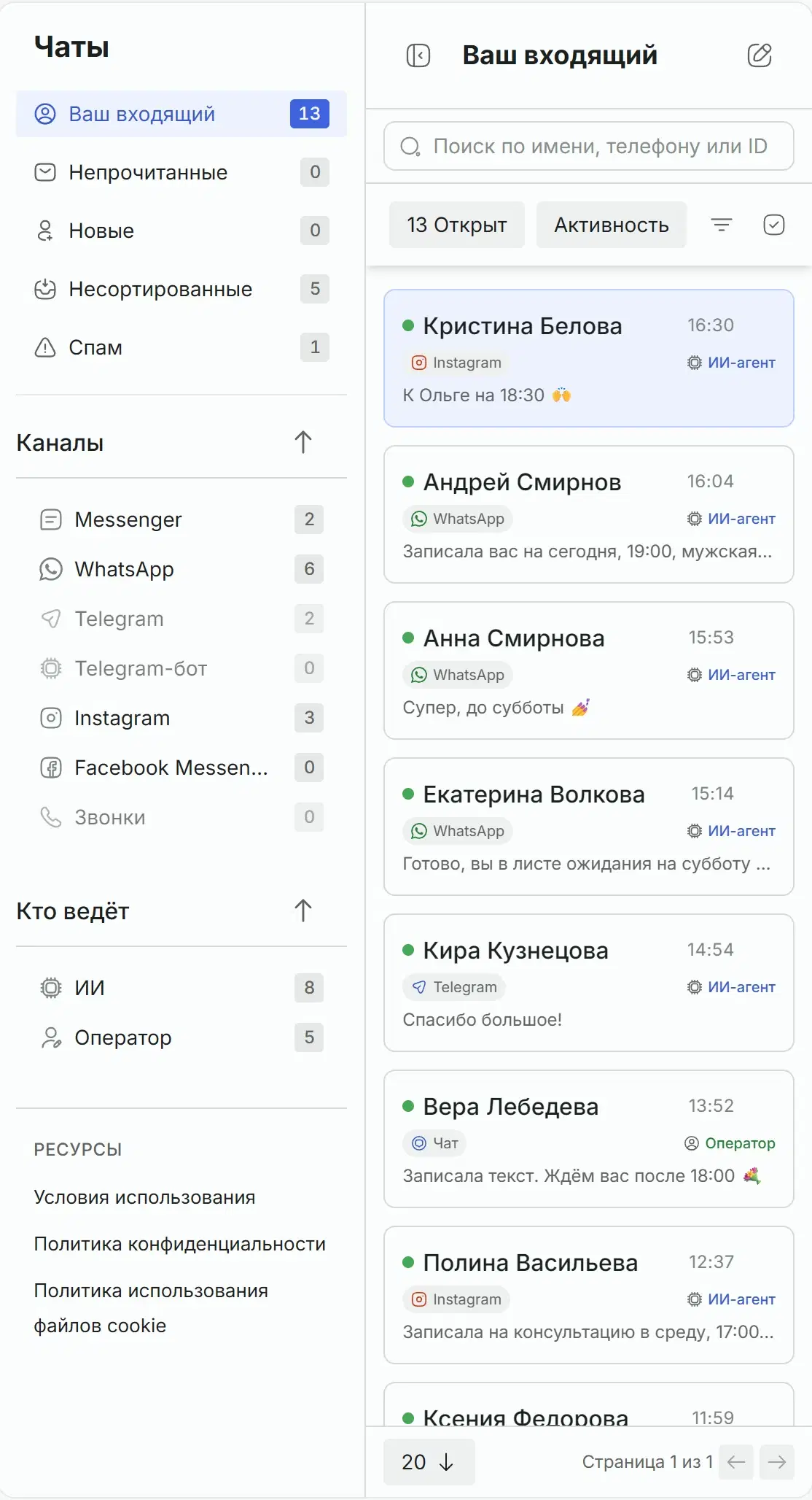 Список входящих Solwees: папки, каналы со счётчиками, кто ведёт, переписки с каналами.
