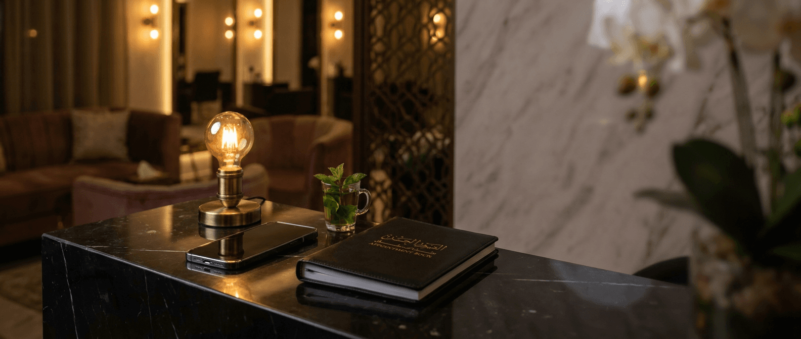 Phone on a Dubai salon reception desk beside an appointment book and a brass lamp