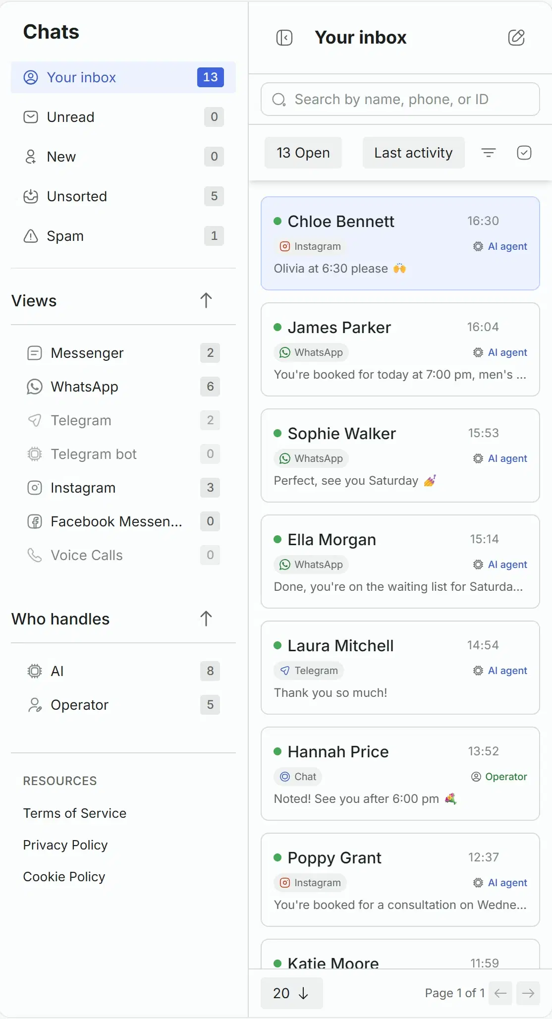The list of the Solwees inbox: folders, channels with their counts, who handles, conversations with their channels.