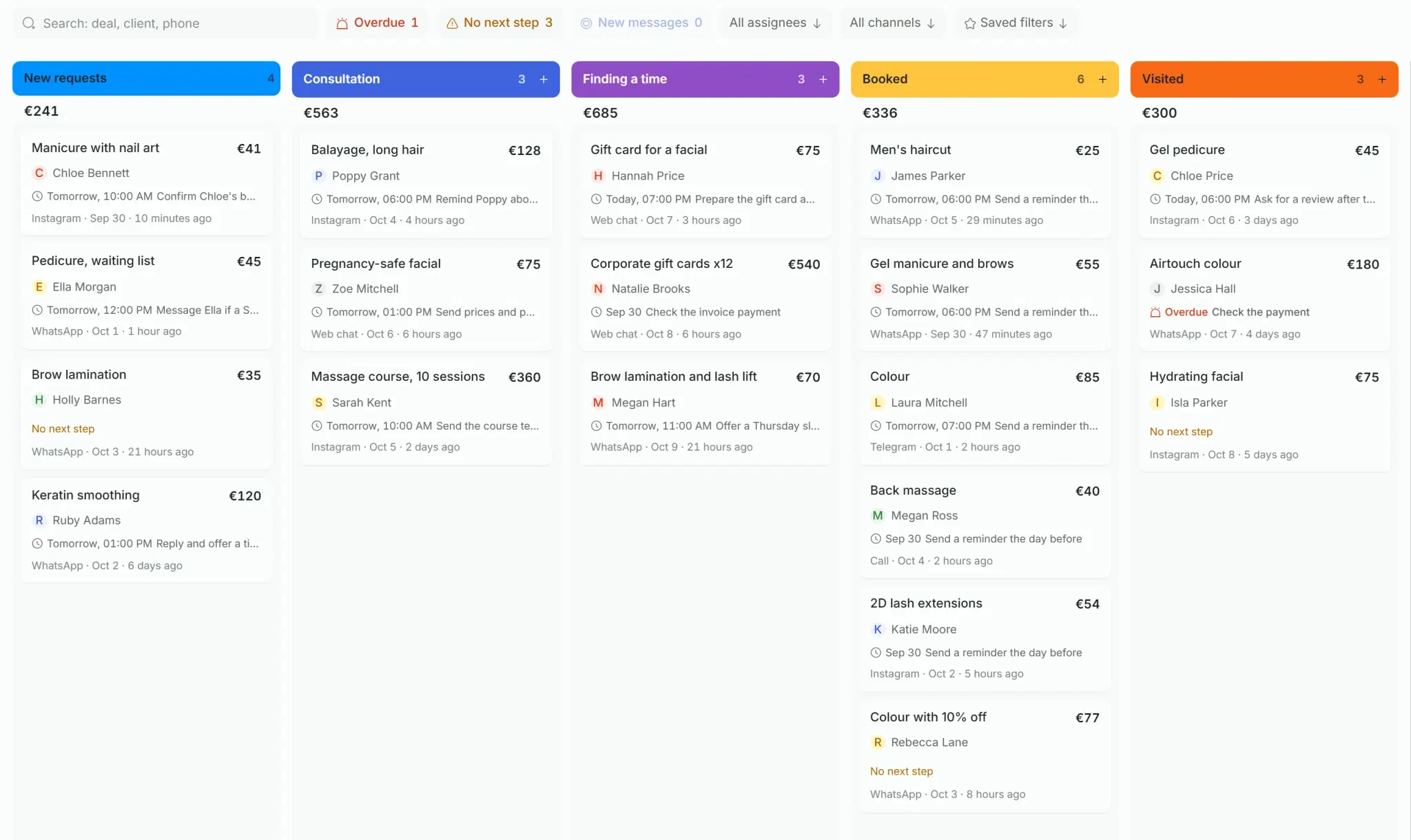 Deals board in Solwees: five stages with the number of deals and the total for each