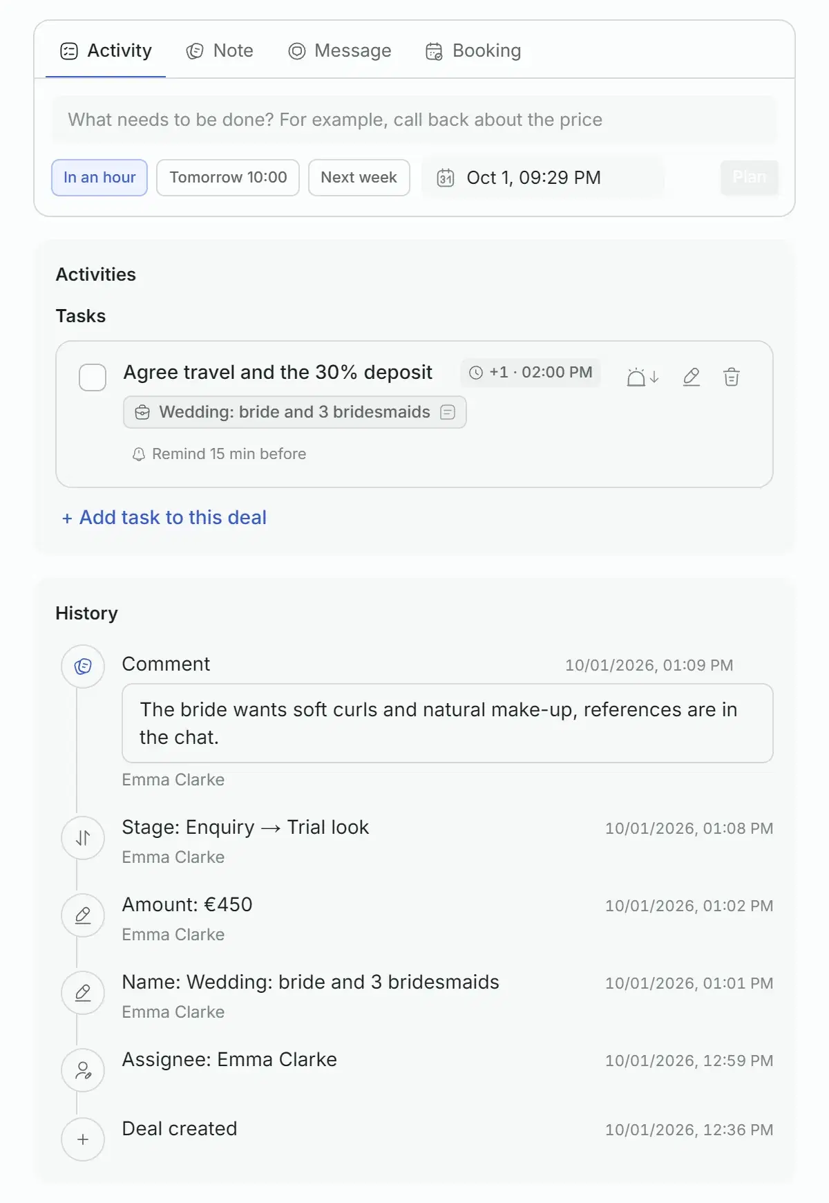 Deal card: planning an activity, the task and the history of the deal
