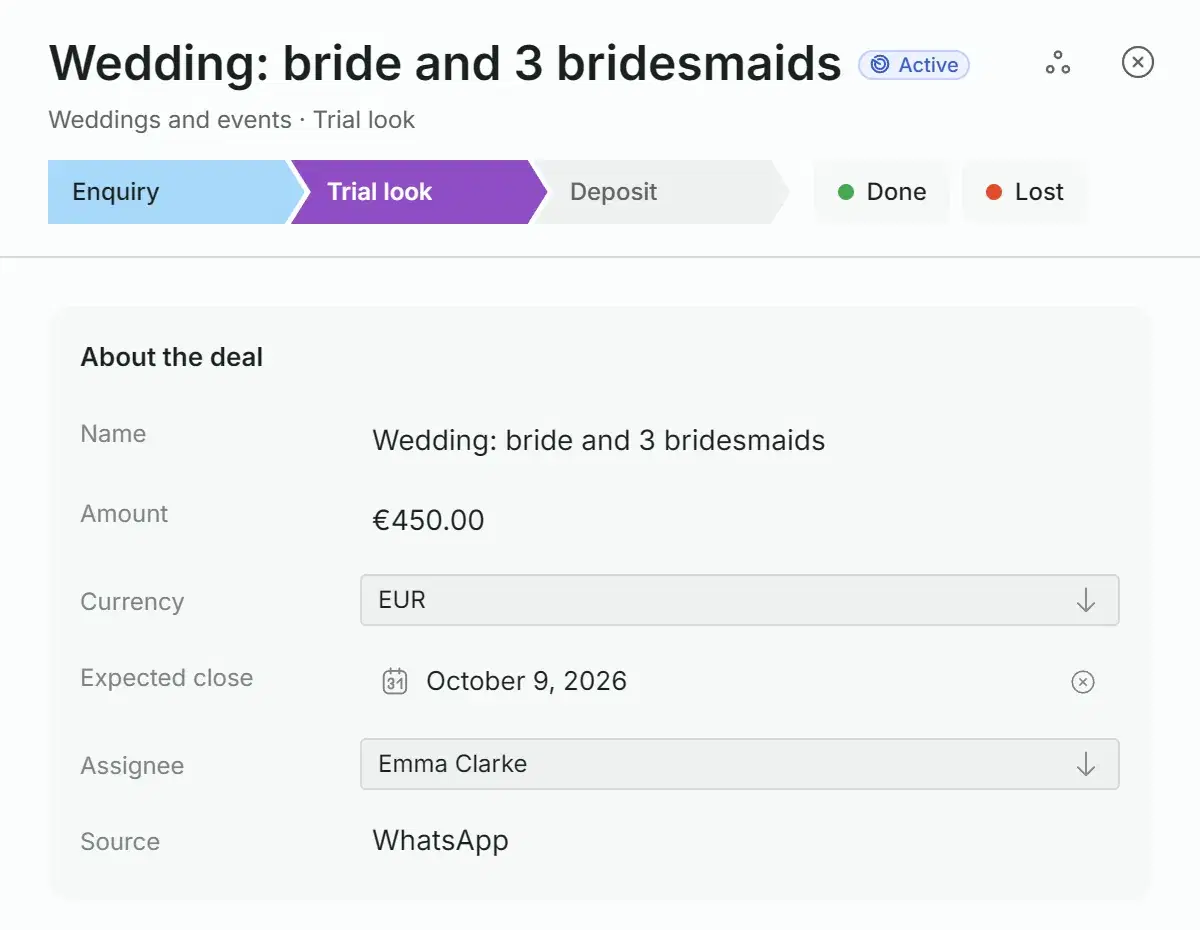 Deal card in Solwees: the stage strip, name, amount of €450, assignee and source