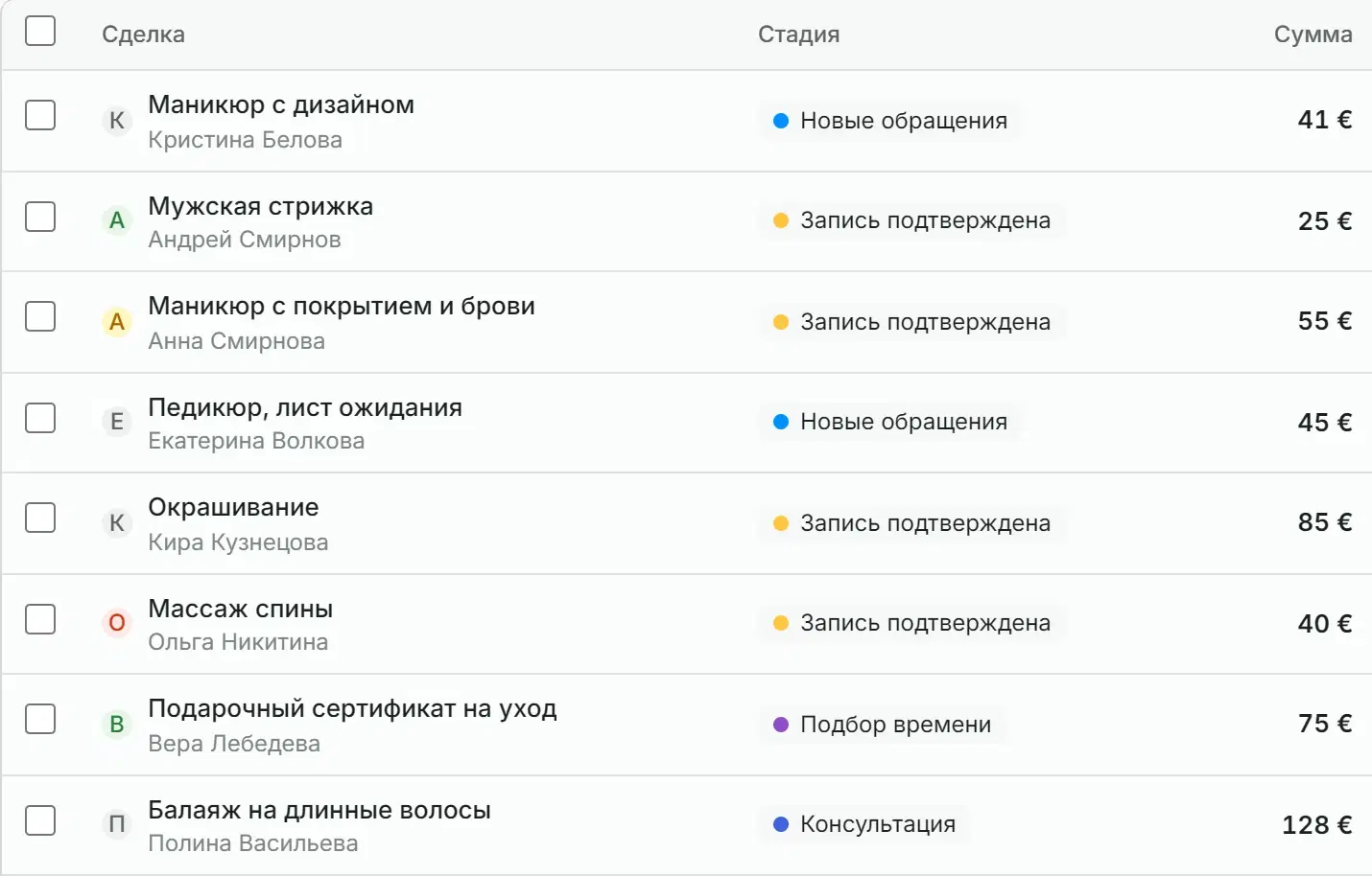 Сделки списком: сделка, клиент, стадия и сумма
