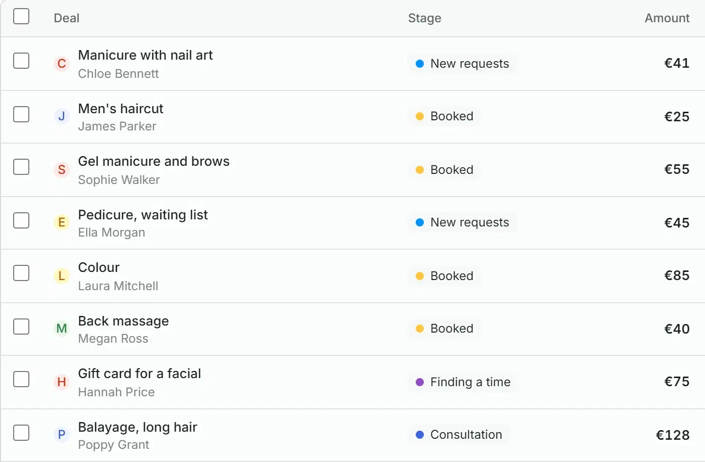 Deals as a list: deal, client, stage and amount