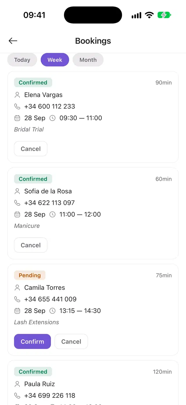 Solwees app: bookings for the week