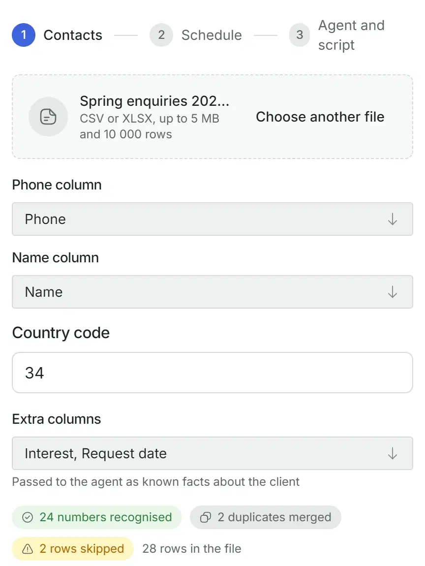 Solwees dashboard: the contact file with recognised numbers, merged duplicates and skipped rows
