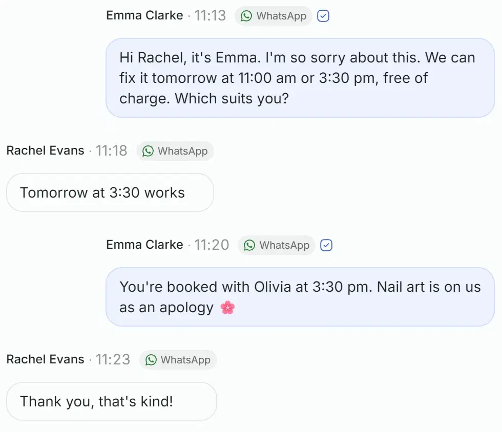 A chat in the Solwees dashboard: reception books a free fix after a complaint