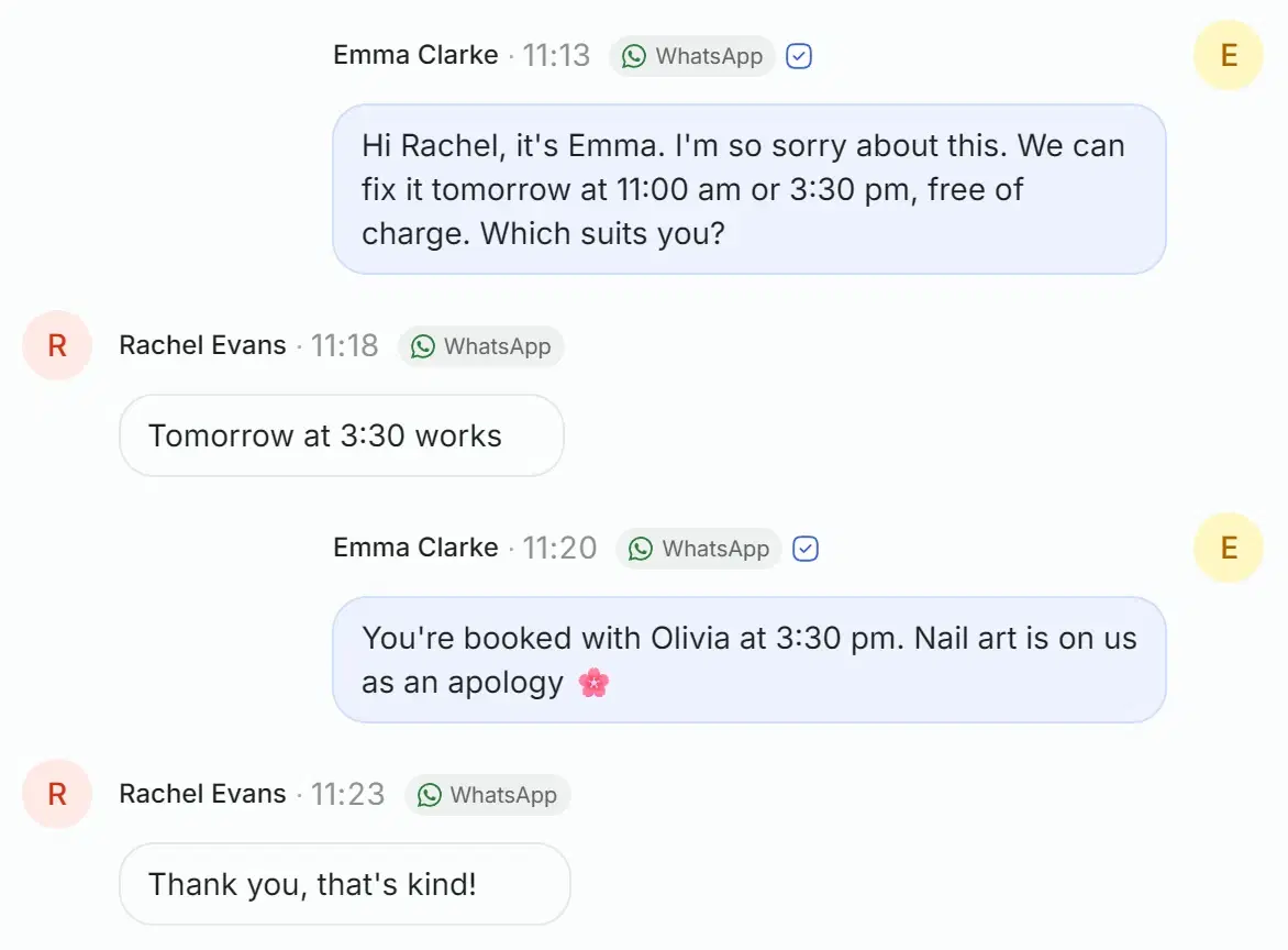 A chat in the Solwees dashboard: reception books a free fix after a complaint