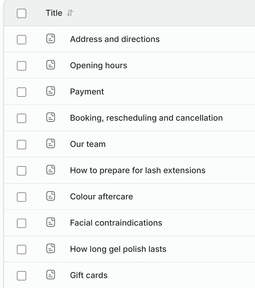 The knowledge base in the Solwees dashboard: a list of articles, among them "Payment" and "Gift cards"