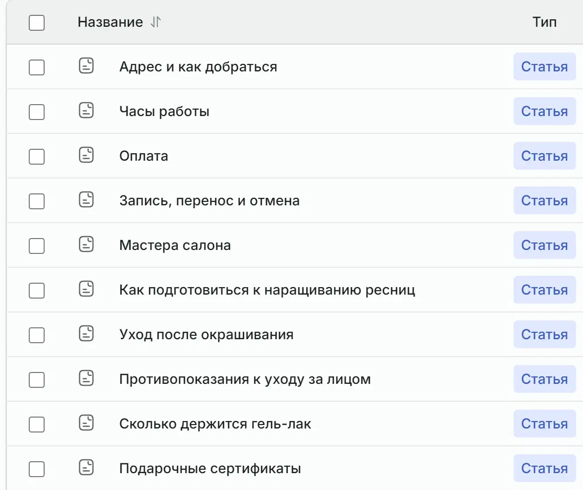База знаний в кабинете Solwees: список статей, среди них «Оплата» и «Подарочные сертификаты»