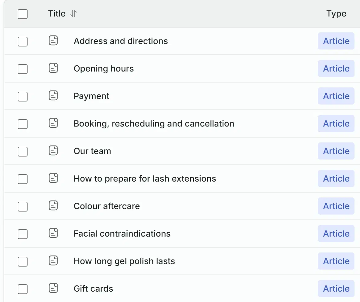 The knowledge base in the Solwees dashboard: a list of articles, among them "Payment" and "Gift cards"