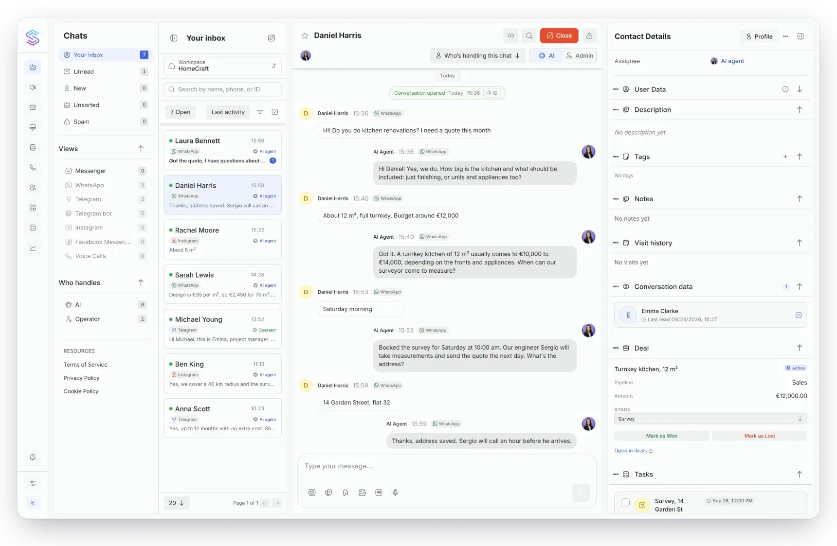 The Solwees inbox: the assistant answers a client in WhatsApp, and the client's deal stands beside the chat