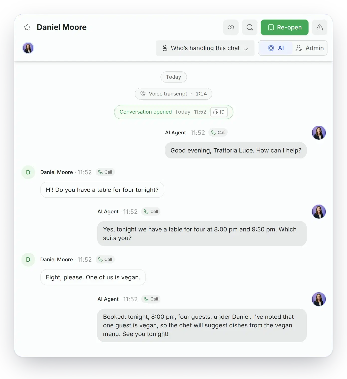 Solwees inbox: transcript of a call where the agent booked a table for four