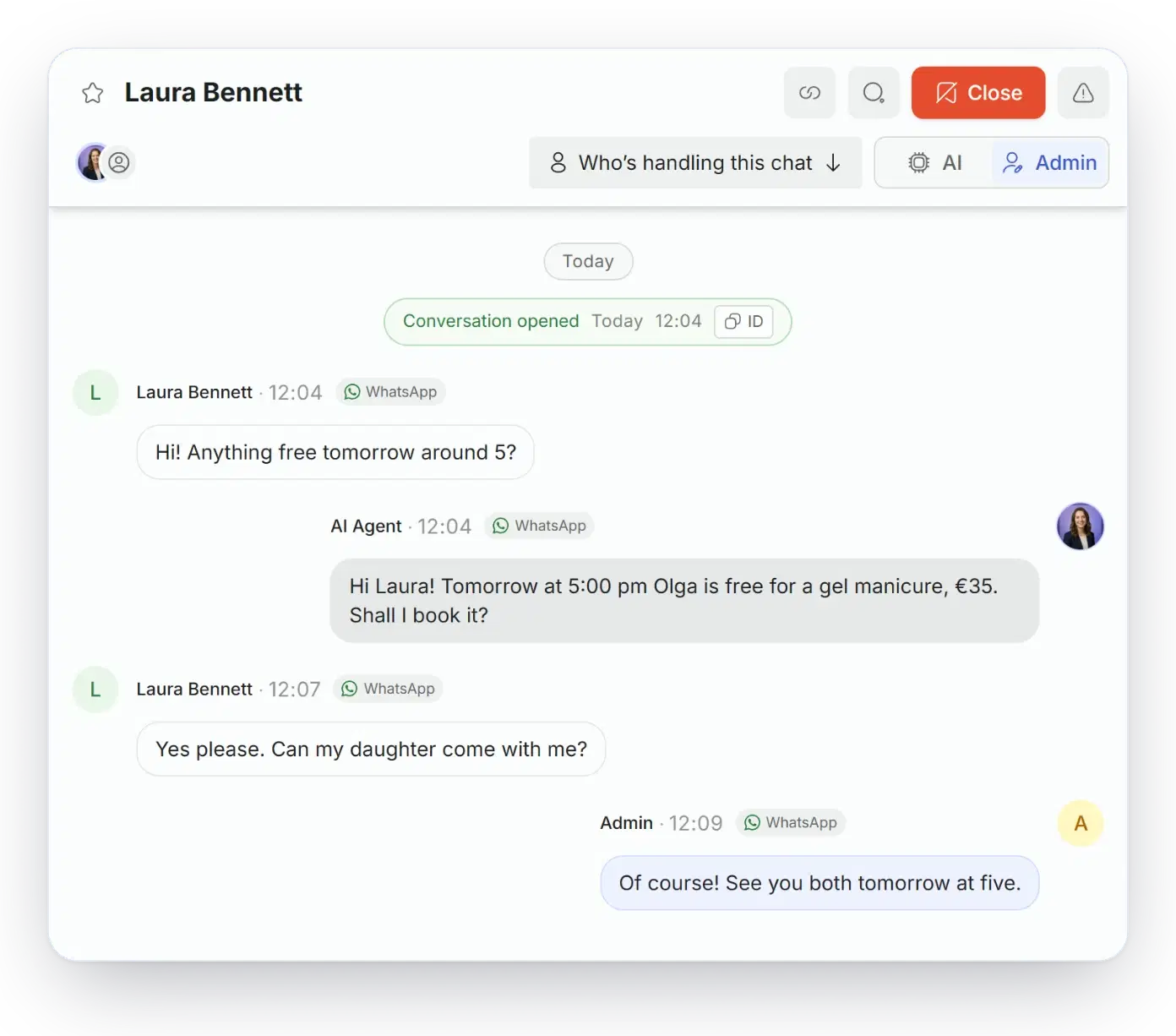 Solwees inbox: the owner replied from the WhatsApp Business app and the chat moved to the operator