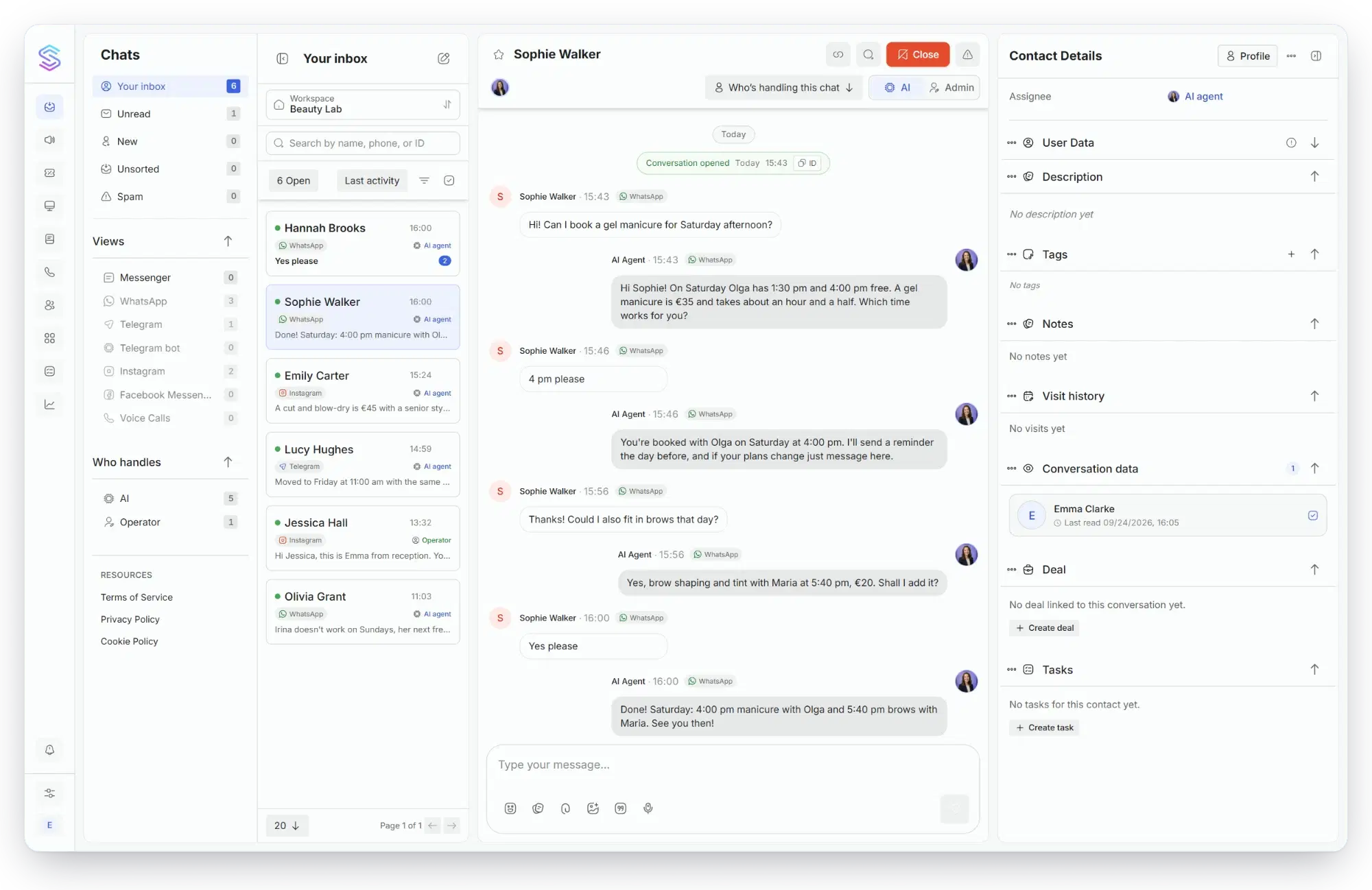 Solwees inbox: a WhatsApp booking handled by the assistant