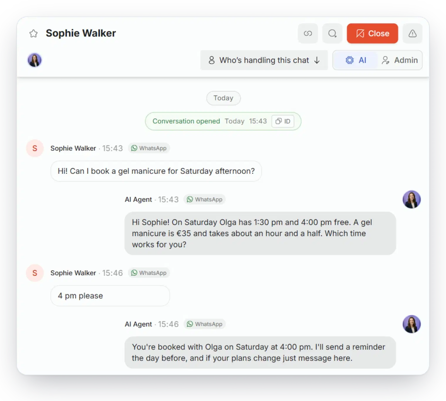 WhatsApp conversation with a booking made by the assistant