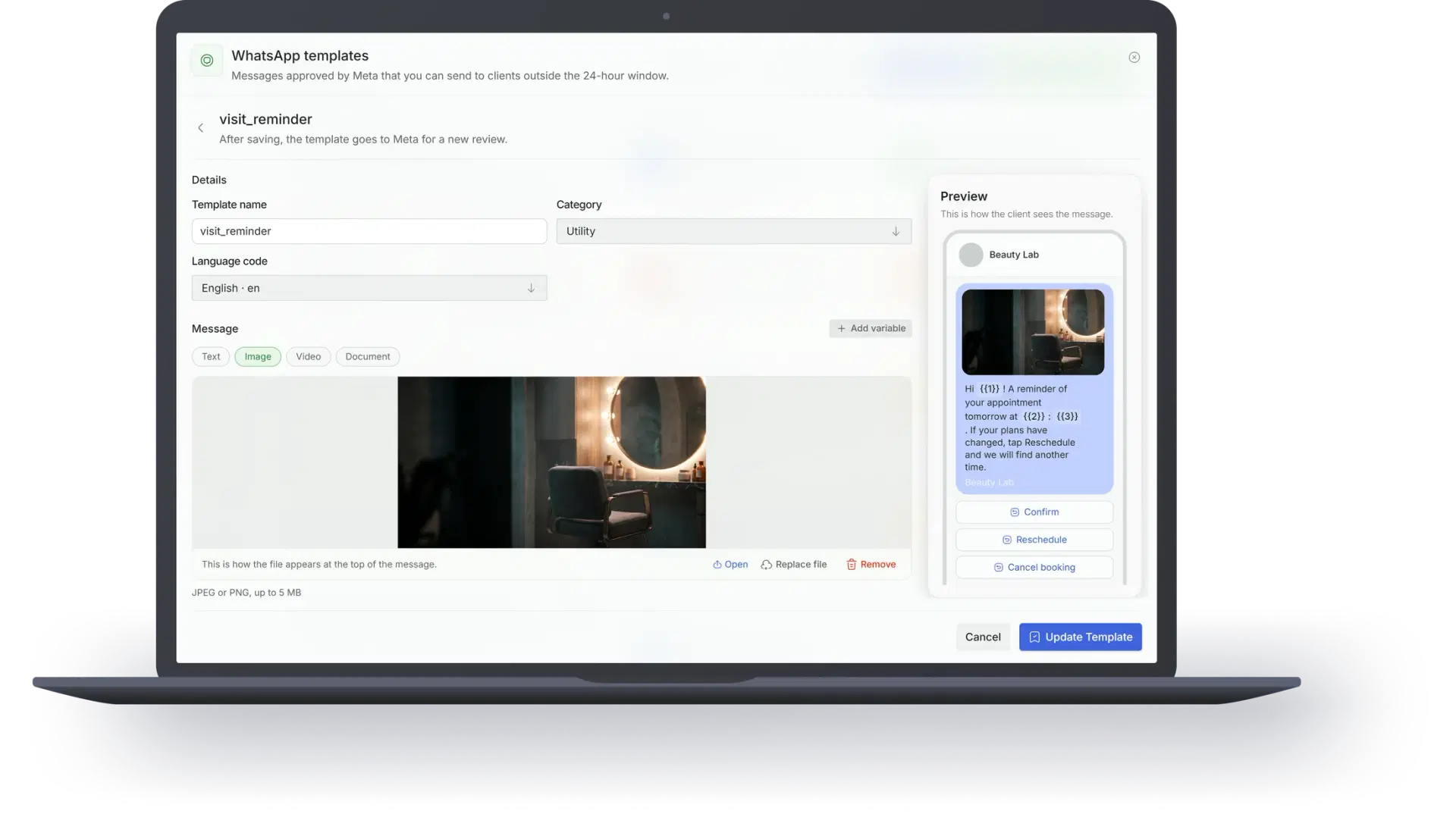 Solwees WhatsApp template editor with a live message preview