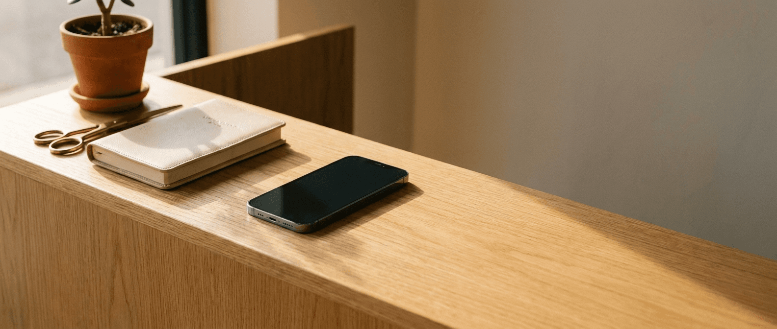 Phone on a salon reception desk beside an appointment book and a small plant