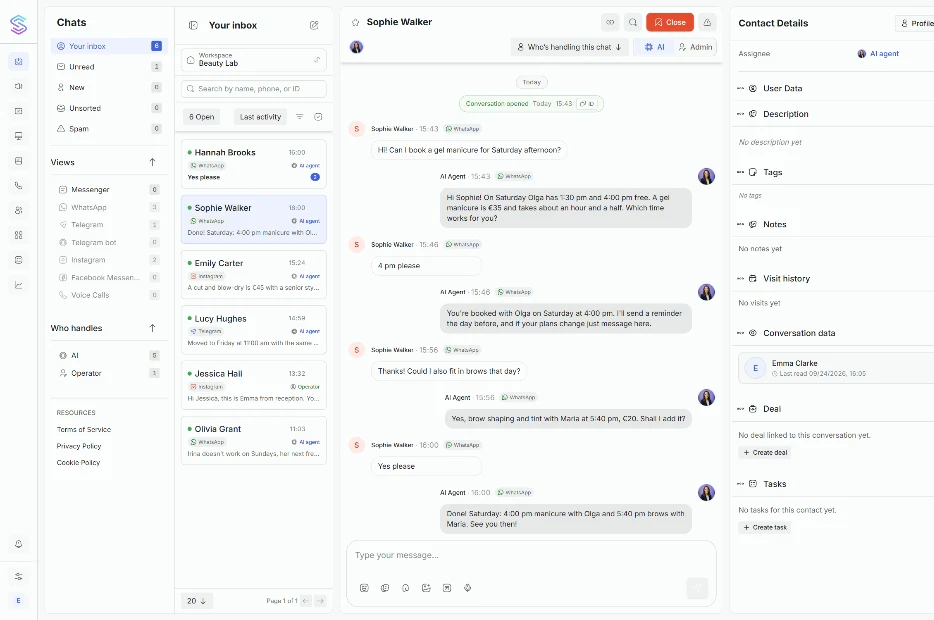Solwees inbox: bookings made in WhatsApp, Instagram and Telegram